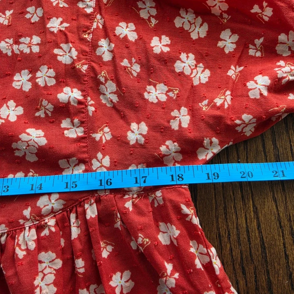 Madewell Red Floral Clip Dot Peplum Blouse Short Puff Sleeve Button Front Top M